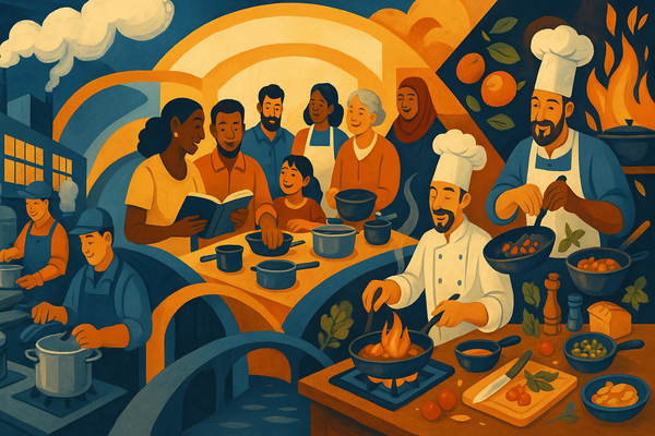 Create an image that summaries a cookware community, factory and cooking enthusiat partnership