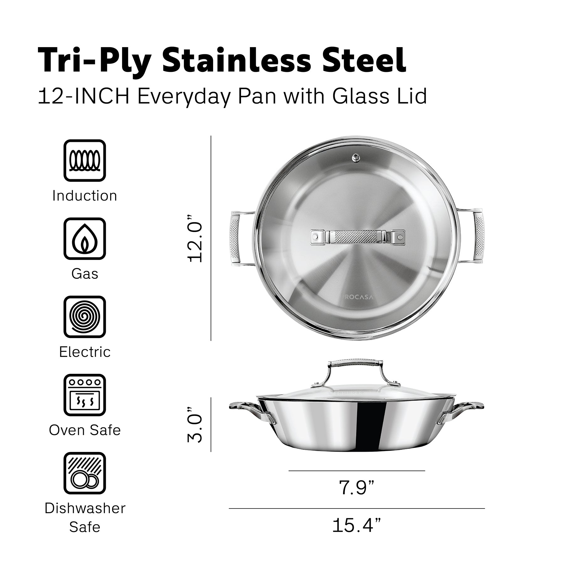 Tri-Ply Stainless Steel 12-Inch Everyday Pan with Glass Lid